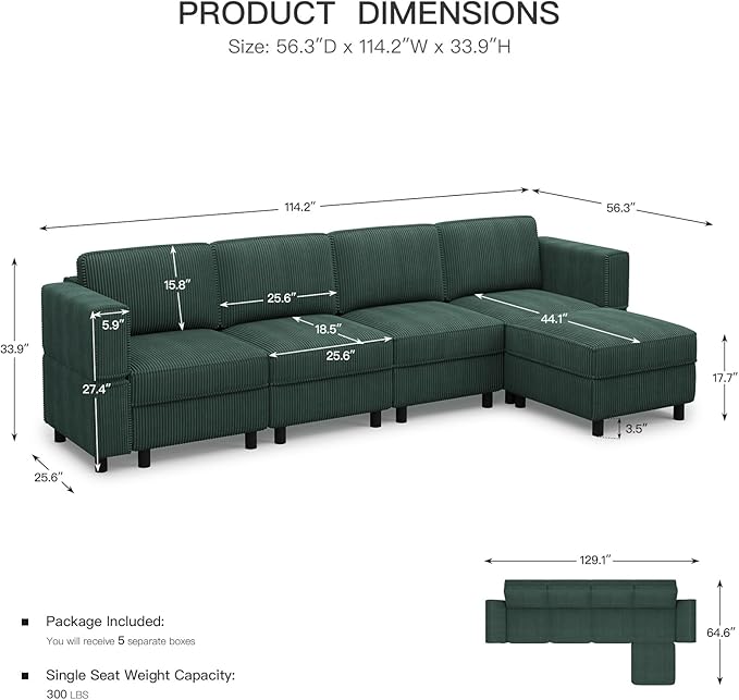 114.2" 5 Seater Modular Sofa with Deep Storage Seat,Corduroy Convertible L Shaped Sectional Couch,Modular Couch with Movable Ottoman Chaise,Upholstered Sectional Couches for Living Room,Green