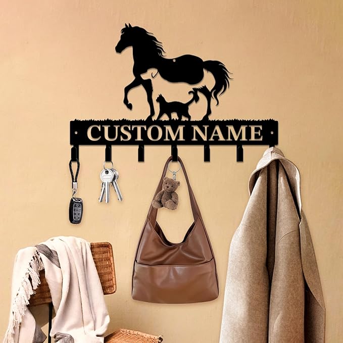 Personalized Custom Name Farm Horse Wall Key Hooks,Metal Horse Art Clothes Hooks,Metal Horse Wall Home Storage Decorative,For Front Door, Hallway, Kitchen, Bedroom,Keys,Hats (Style A)