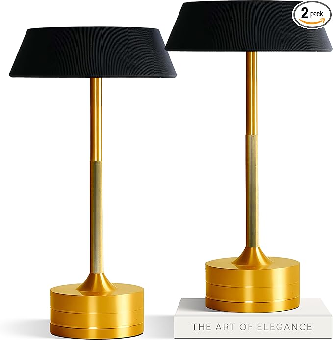 LED Cordless Table Lamp - Rechargeable Light for Home, Bedside, Kitchen - Small Dimmable Tap Lights - Battery Powered Touch Lamp for Desk Wireless - Black and Gold Lamp Shades, IP44, USB Type C Cable