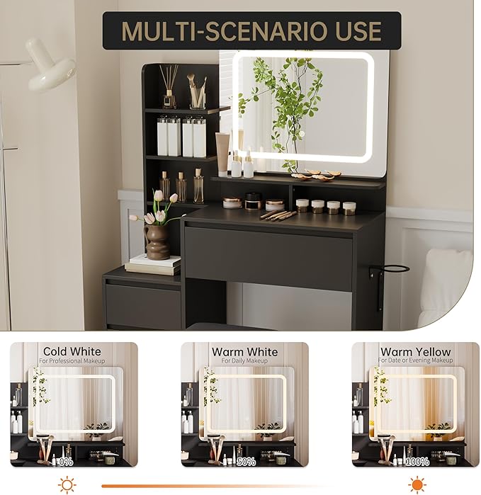 GAOMON Makeup Vanity Desk with Mirror and Lights - 36" Vanity Table Set with 4 Drawers, Power Outlet, USB Ports, Stool, Dressing Table with 3 Lighting Color Adjustable for Bedroom, Women, Black