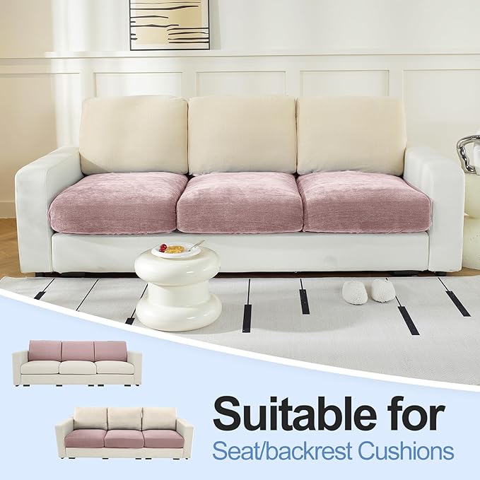 Couch Cushion Covers Individual Large Super Stretch Chenille (Softer Version) Sofa Cushion Covers, Couch Seat Covers Couch Slipcovers Furniture Protector (3PC, Pale Pink)