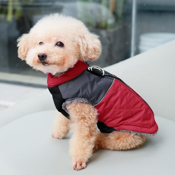 Warm Fleece Dog Coats for Small Dogs,D-Rings Waterproof Puppy Jacket for Cold Winter,Red XS