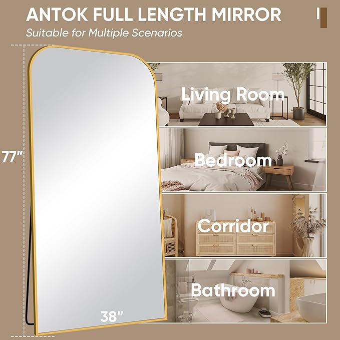 Antok Full Length Mirror, 78"x38" Floor Mirror Freestanding, Arched Floor Standing Large Full Body Mirror with Stand for Bedroom, Hanging Mounted for Living Room, Gold