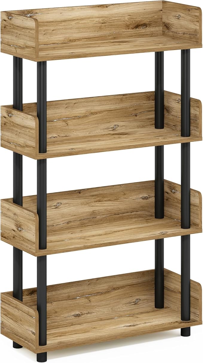 Furinno TURN-N-TUBE 4-Tier Display Shelf, Storage Shelves, Book Shelf, Open Shelves with Rounded Corner Top Edges, for Organization and Storage, Living Room, Home Office, Flagstaff Oak