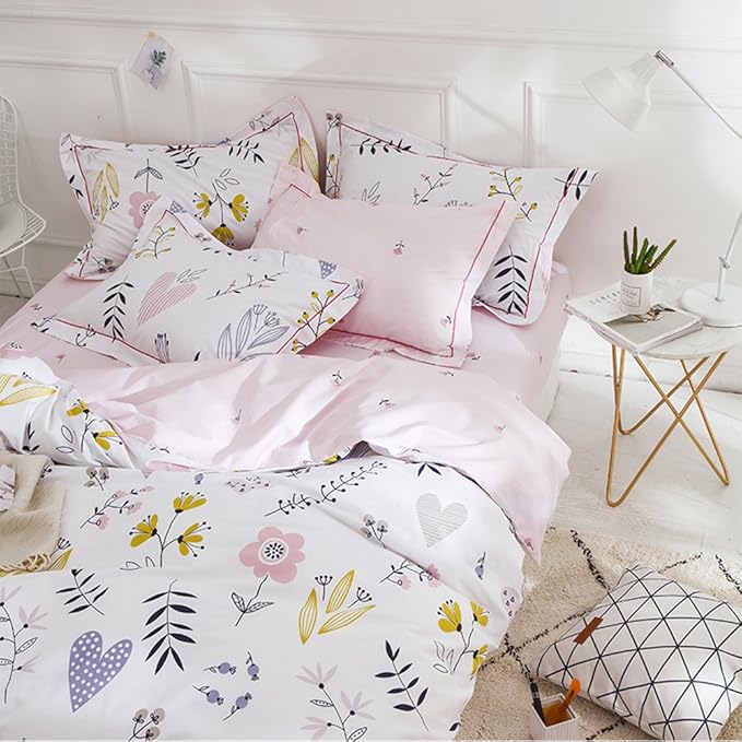 LifeTB Girls Flower Duvet Cover Twin XL Boho White Pink Floral Bedding Sets Aesthetic 100% Cotton Comforter Cover Cute Branches Flower Bedding Sets Pink Floral Twin XL Duvet Cover with 2 Pillowcases
