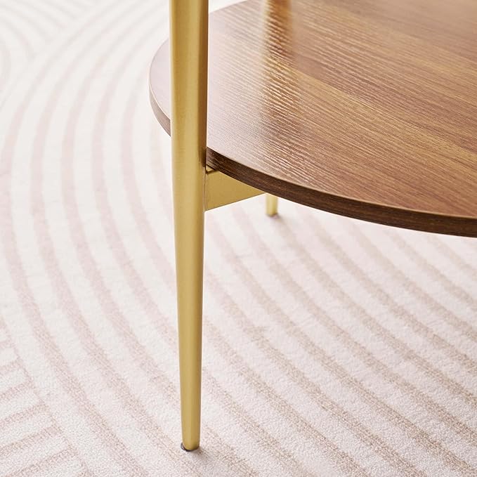 Round Glass End Table, Mid-Century Modern Design Sofa Table for Living Room, D18 x H23, 2-Tier Structure, Amber Glass Top and Walnut Shelf, Sleek Conical Legs with Gold Finish Frame