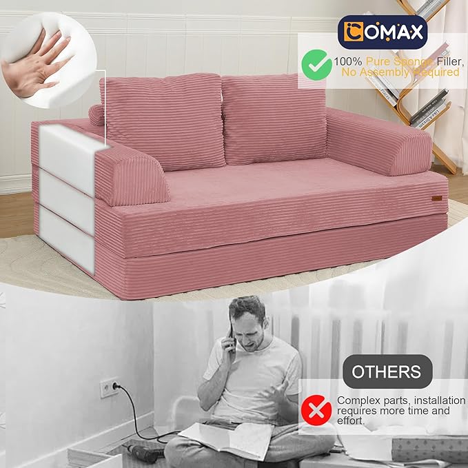 COMAX Convertible Sofa Bed, Folding Floor Couch Corduroy Fold Out Couch Bed Futon Sleeper Mattress with Pillows, Boneless Sofa Comfy Lounge Loveseat for Living Room Bedroom, Pink