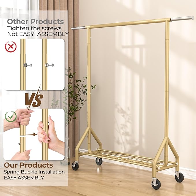 Heavy Duty Clothes Rack Load 450 LBS, Metal Garment Rack, Standing Rolling Clothing Rack for Hanging Clothes with Sturdy Wheels & Shelves, Portable Closet Wardrobe Rack,Gold