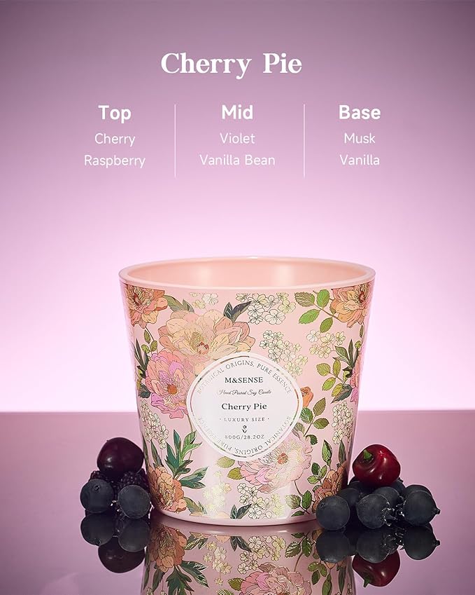 M&SENSE Cherry Pie Scented Candle, 28.2oz 3 Wick Natural Soy Wax Large Candles, Long Lasting Clean Slow Burning No Toxic Décor for Home Relaxation, Romantic Dates & Gift-Giving