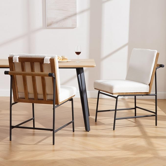 DUOMAY Mid-Century Modern Dining Chairs Set of 2, Sherpa Upholstered Side Chair with Rear Handle, Armless Chair with Metal Legs for Kitchen Dining Room Living Room Vanity, White