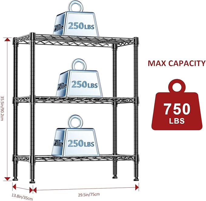 IZEUK 3-Tier Heavy Duty Steel Storage Shelves, Metal Shelf Wire Shelving Rack for Pantry, Kitchen, Home or Office Organization (29.5" W x 13.8" D x 35.5" H, 750LBS, Black)