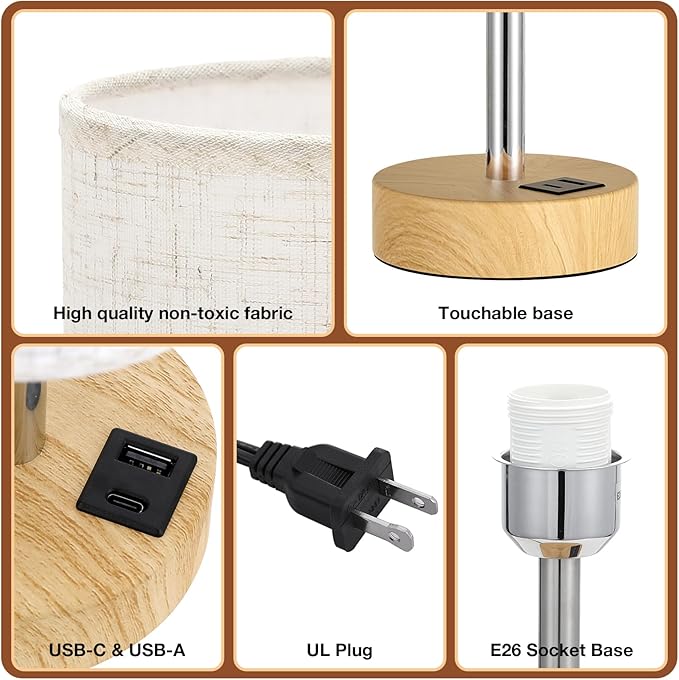 Dicoool Touch Bedside Table Lamp with USB - 3 Way Dimmable Wood Lamp for Bedroom Nightstand, Desk Lamp with Charging Station for Dorm, Living Room, Office, Kids Room, Small, 14in