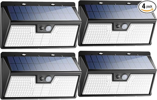 Peasur 318LED Solar Lights Outdoor Motion Sensor, 4 Pack Solar Powered Fence Wall Light IP65 Waterproof, 3 Modes Security Lighting for Outside Yard Patio Deck Step