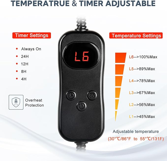 Electric Pet Heating Pad for Cats and Dogs,Adjustable Dog Cat Heating Pad with 6 Temp & 5 Timer,Waterproof,Chew Resistant Cord, for Kittens & Puppy 24 * 12in