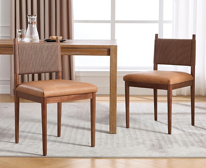 CIMOTA Brown Faux Leather Dining Chairs Set of 2, Mid Century Modern Upholstered Dining Room Chairs with Woven Back, Armless Kitchen Chairs with Walnut Solid Wood Legs, PU