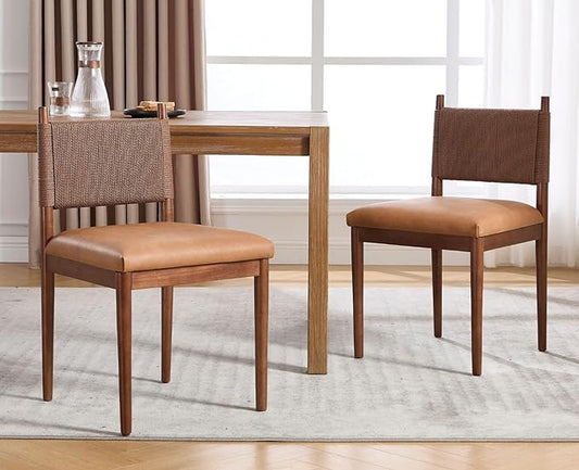 CIMOTA Brown Faux Leather Dining Chairs Set of 2, Mid Century Modern Upholstered Dining Room Chairs with Woven Back, Armless Kitchen Chairs with Walnut Solid Wood Legs, PU