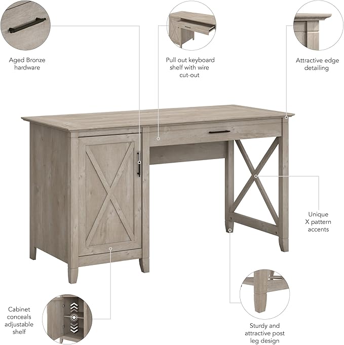Bush Furniture Key West Computer Desk with Storage | Farmhouse PC Table for Home Office in Washed Gray | 54W x 24D