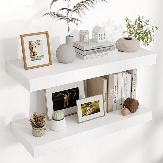 Floating Shelves for Wall, 30" W x 12" D x 2" H, 2 Pack of Long Wall Mounted Engineered Wood Shelves with Invisible Brackets for Living Room, Bedroom, Bathroom, Kitchen Decor, White