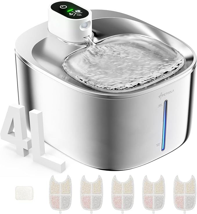 Cat Water Fountain Stainless Steel,152oz/4.5L Wireless Pet Fountain,Automatic Water Bowl for Cats Dogs with Motion Sensor,Quiet Filtered Pet Water Fountain w 5 Filters(Filters for 4 Months)