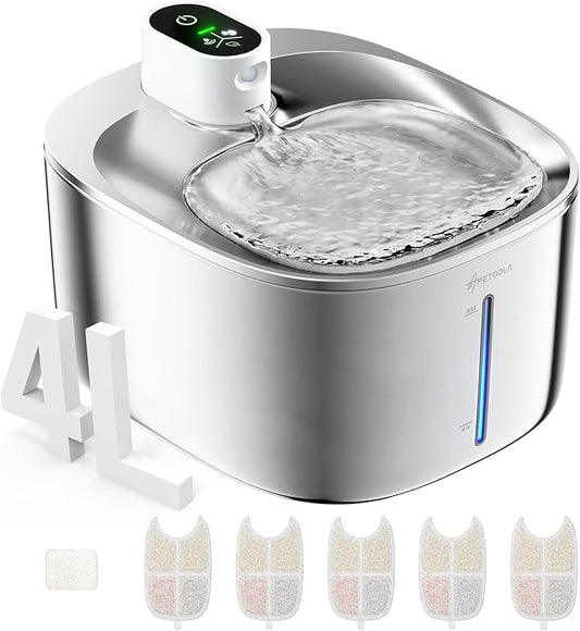 Cat Water Fountain Stainless Steel,152oz/4.5L Wireless Pet Fountain,Automatic Water Bowl for Cats Dogs with Motion Sensor,Quiet Filtered Pet Water Fountain w 5 Filters(Filters for 4 Months)