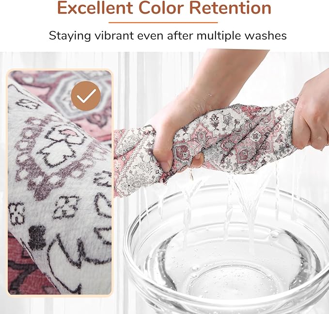 OPPODREAM Thin 6x9 Area Rugs, Washable Rug 6x9 with Non Slip Backing, Faux Cashmere Low-Pile 6 x 9 Carpet, Pink & Cream