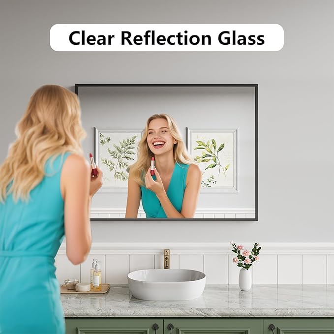 Koonmi Bathroom Mirror for Wall, 30"x40" Black Bathroom Mirror for Over Sink, Shatterproof Tempered Glass Vanity Mirror with Anti-Rust Aluminum Alloy Frame, Hang Horizontally or Vertically