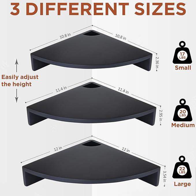 Demigo Corner Shelf Wall Mount Set of 3, Solid Acacia Wood Round Floating Corner Shelves for Storage and Display, Hanging Wood Shelves for Bedroom, Kitchen, Living Room, Bathroom (Black)