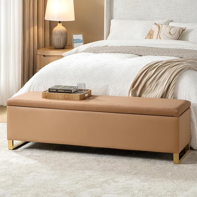 EcoHarbor Living Storage Ottoman Bench with Throw Ottomans, Modern End of Bed Bench, Upholstered Footrest Stool with Gold Legs for Living, Bedroom, Entryway and Hallway(Camel 60inch)