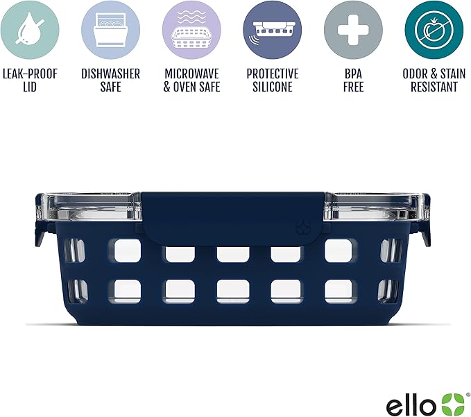 Ello Duraglass 3.4 Cup Meal Prep Sets 6Pc, 3 Pack Set- Glass Food Storage Container with Silicone Sleeve and Airtight BPA-Free Plastic Lids, Dishwasher, Microwave, and Freezer Safe, Berry