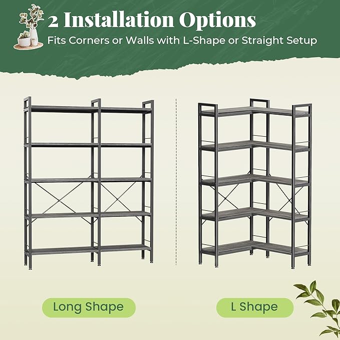Huuger 5 Tier Bookshelf, L Shaped Corner Bookshelf with 10 Open Shelves, 49.4 Inch Straight Wide Bookcase with Metal Frame and Wooden Board, Adjustable Feet, Grey
