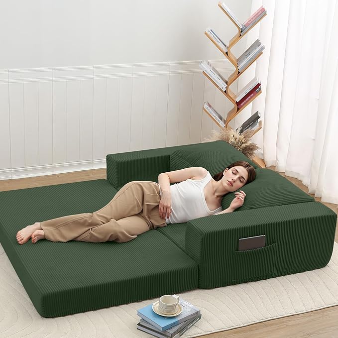 COMAX Convertible Sofa Bed Queen, Folding Fold Out Couch Bed, Floor Futon Couch Corduroy Sleeper Mattress with Back Pillows, Boneless Sofa Comfy Lounge Loveseat for Living Room Bedroom, Green