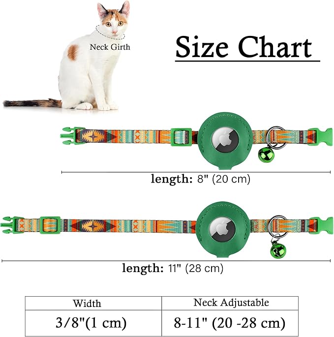 Airtag Cat Collar with Bell - Non Breakaway Soft Pet Collar with Leather Air Tag Holder - Adjustable GPS Anti-Lost Collars for Girl Boy Cats Kitten Puppies, Lightweight and Patterned (Mexican Green)