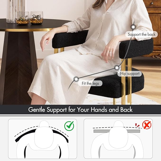 Set of 4 Modern Black Boucle Dining Chairs with Gold Metal Legs, Mid Century Accent Upholstered Barrel Armchairs with Open-Back for Kitchen, Dining Room, Living Room, Apartment