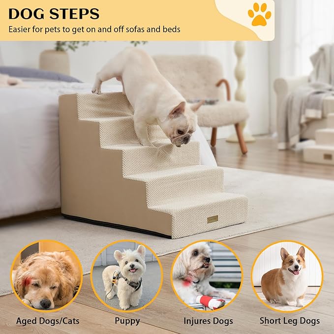 Dog Stairs for Small Dogs, 5 Tier Widened Pet Stairs for High Beds, 23.6" H Non-Slip Dog Steps for Puppy, Elderly, or Disabled Dogs, 17.7x30x23.6 inch, Beige