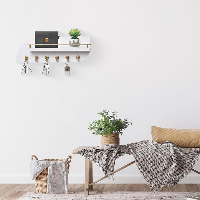 Key Holder for Wall, Decorative Key and Mail Organizer with 6 Sturdy Metal Hooks and Floating Shelf, 14 Inches Wood Wall Mounted Key Rack for Entryway, White and Gold