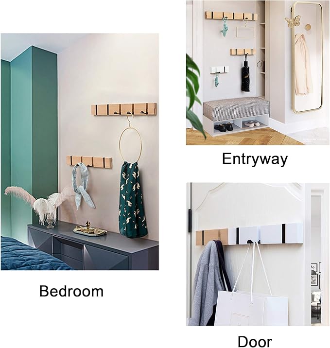 Wall Mounted Coat Rack with Foldable Hooks - Modern Space-Saving Wooden Entryway Organizer for Coats, Bags, Hats, Keys (4 Hooks, White)