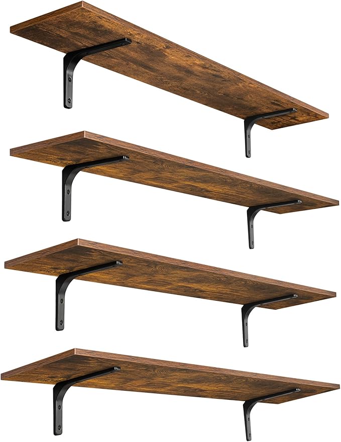 DINZI LVJ Long Wall Shelves, 47.3Inch Wall Mounted Shelves Set of 4, Extra Large Floating Storage Ledges with Sturdy Metal Brackets for Living Room, Bathroom, Bedroom, Kitchen, Rustic Brown