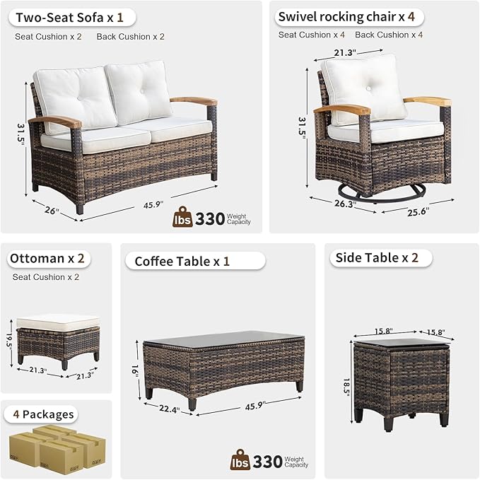 MEISSALIVVE 10 Pieces Outdoor Patio Furniture Sets,PE Wicker Patio Conversation Sets with 4 Wood Armrests Swivel Rocker Chairs，2-seat Sofa and Coffee Table(Brown)