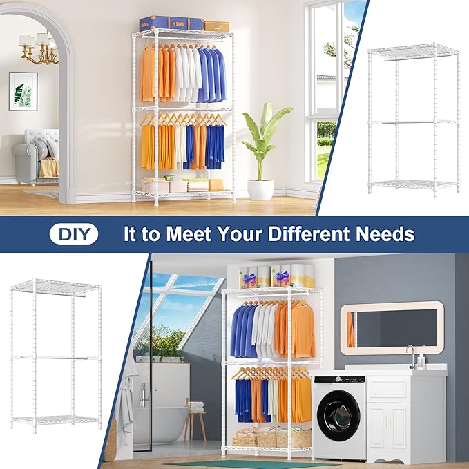 Ulif E12 Clothes Rack，Heavy Duty Freestanding Garment Rack with Shelves，Metal Clothing Closet Storage System for Hanging Clothes，71" W x 16" D x 76.5" H, Hold 960 lbs，White
