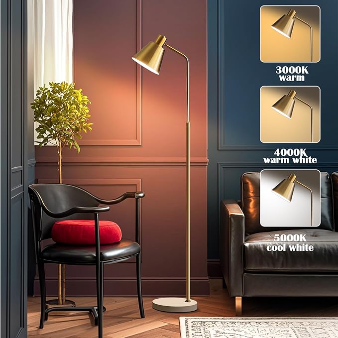 Gold Brass Industrial Floor Lamps with Bright 12W LED Bulb Adjustable 3 Colors, Living Room Sofa Corner Bedroom Bedside Office Study Reading Standing Tall Lights, Unique Modern Home Decor Essentials