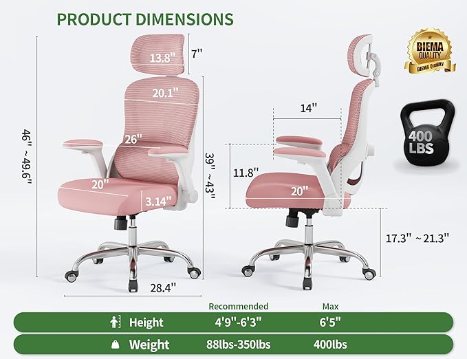 Office Chair Ergonomic Desk Chair, 4000 LBS Home Mesh Office Desk Chairs with Wheels, Computer Chair, Comfortable Gaming Chair with 3D Headrest, High Back Office Chair for Long Hours (Pink)