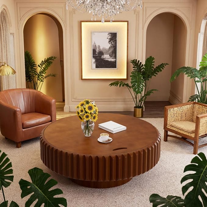 Round Drum Coffee Table with Storage Modern Coffee Table with Solid Wood Veneered Circle Center Table Accent Tea Table for Living Room Apartment Small Space (39.4in)