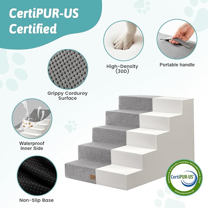 Slope Dog Stairs 17.7" H, Pet Steps for Couch Bed with Washable Cover, Non-Slip Foam Dog Ramp for Small Old Puppy Cats, 5 Step, Grey