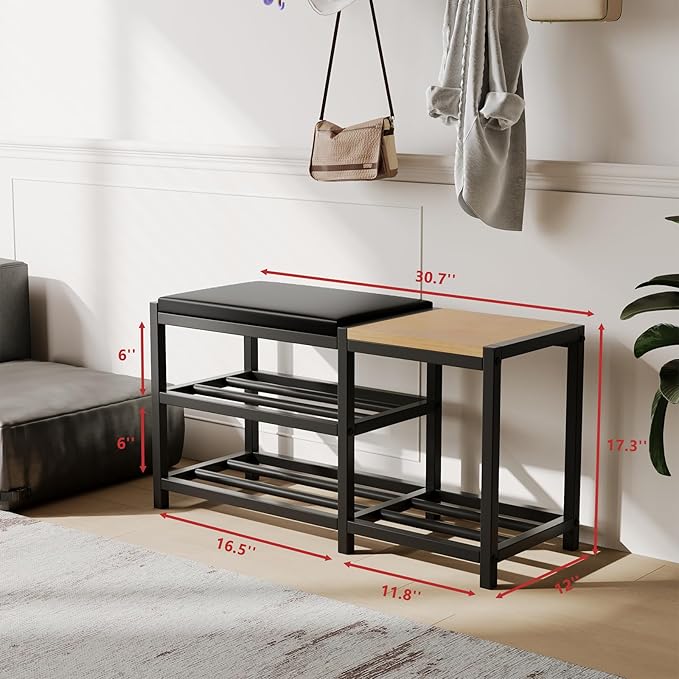 Shoe Bench,Shoe Organizer，Holds Up to 570 lb，12 x 30.7 x 17.3Inches，3-Tier Shoe Storage Bench,Entryway Bench with Cushioned Seats,for Shoe Rack in The Bathroom,Entryway,Bedroom,Living Room