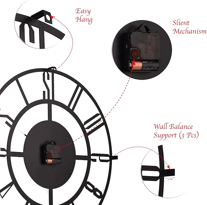 Large Metal Wall Clock | 20 inch Size Silent Battery Operated Large Size Analog Black Wall Clocks | Modern Wall Decor for Living Room Bedroom Kitchen Home Office