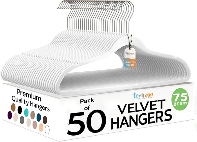 Premium Velvet Hangers 50 Pack Ultra Thin Non Slip Adult Felt Space Saving Slim Suit Hanger for Closet Heavy Duty Coat Pants Jackets Dress Hangers 360° Swivel Hook Hold Upto 10 lbs White
