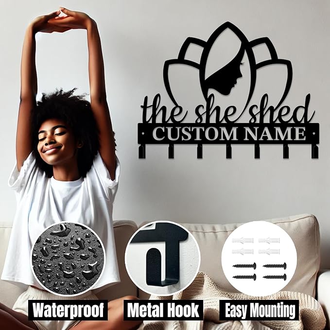 Personalized She Shed Keys Hooks,Custom Name Metal She Shed Art Keys Hooks,Metal She Shed Lover Wall Home Storage Decorative Keys Hooks,Key Holder Hooks for Wall (Style D)