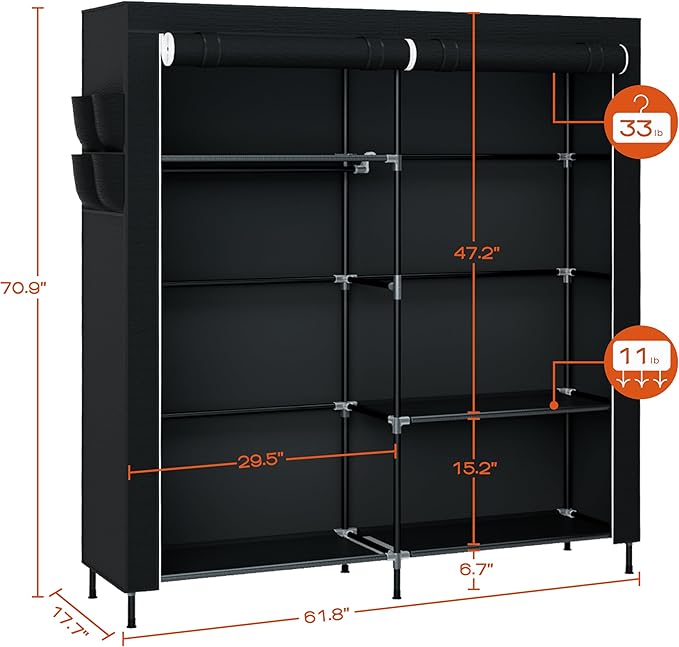 Portable Closet, 61.8 Inch Large Capacity Wardrobe Closet with Cover, Clothes Storage Organizer with Shelves and 2 Hanging Rods, Easy to Assembly, Black PCT222B01