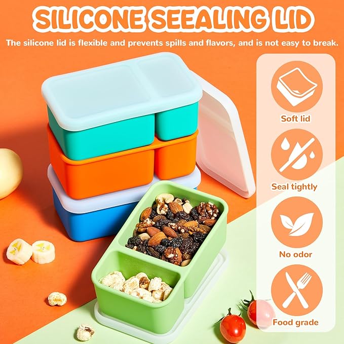 Roshtia 4 Pack Silicone Food Containers with Lids, Reusable Packs Bento Lunch Box for Meal Prep Food Storage, Microwave Dishwasher Safe(2 Compartment,Light)