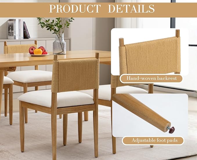 CIMOTA Modern Dining Chairs Set of 4, Mid Century Upholstered Dining Room Chairs with Woven Back, Armless Kitchen Chairs with Natural Solid Wood Legs, Linen Beige